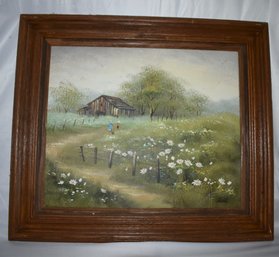Vintage Barn Oil On Canvas Signed Hamel In Wood Frame