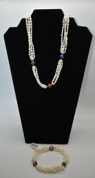 14K Stamped Pearl Necklace And Bracelet Set # 572
