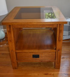 Glass Top Wooden End Table With Drawer