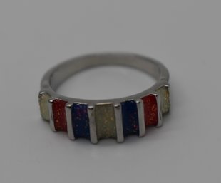 Blue, Coral, And White Sterling Ring #736