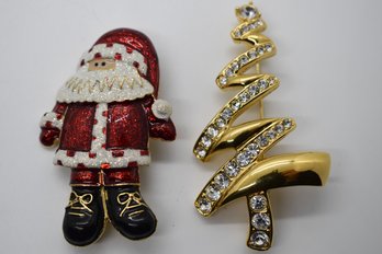 Vintage Monet Christmas Tree Brooch And Danecraft Glittered Enamel Santa Claus Brooch