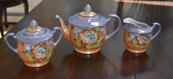 Vintage Hand Painted Hotta Yu Shooter & Company Peach And Blue Lusterware Porcelain 3 Cup Teapot Sugar Creamer