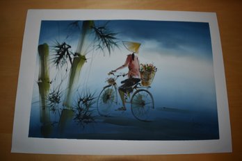 Cambodian Painting On Silk Woman On Bike (on Paper Mat)