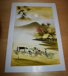 Cambodian Painting On Silk Yellow Rice Field On Paper Mat Textile Art