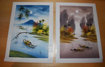 Cambodian Paintings On Silk Pair Boats On The Water Textile Art