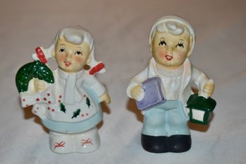 Vintage Caroler With Lantern And Girl With Wreath Figurines Lot #419