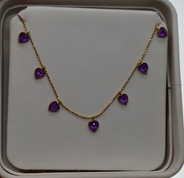 14K Marked Gold And Purple Stone Heart Necklace With New Tag In Box