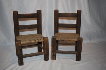 Vintage Pair Of Woven Ladder Back Small Wooden Chairs