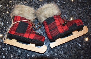 Christmas Decor Buffalo Plaid Wool Ice Skates Fur Trim