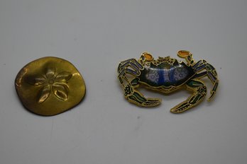 Vintage Enameled Blue Green Crab And Gold Toned Sand Dollar  Brooches #598