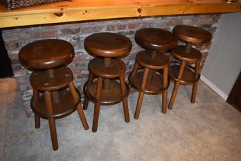 Vintage Set Of 4 Solid Oak Wood Corkscrew Counter Height Bar Stools