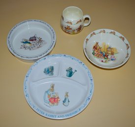 Royal Doulton Bunnykins Cup & Bowl Eden Beatrix Potter Peter Rabbit And Friends & Wedgewood Baby Cereal Dish