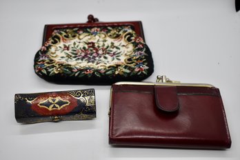 Needlepoint Clutch Purse, Leather Clutch Wallet, Italian Red Gold Lipstick Case Holder With Mirror