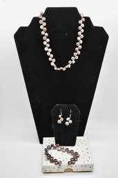 Black Pearl Necklace  Earrings And Bracelet Jewelry Set #793