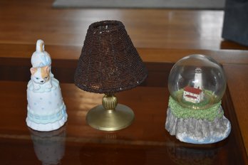 Blue Bisque Kitty Cat Bell, Tea Light Candle Holder With Shade And Westland Music Box Snow Globe
