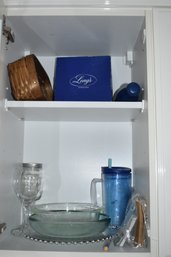 Kitchen Cabinet Contents, Glass Beaded Serving Plate, Mixing Bowls, Bread Basket, Wine Glass