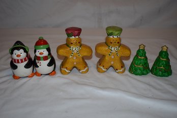 Gingerbread Men, Penguin And Christmas Tree Salt & Pepper Shakers