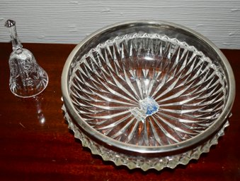 Vintage Silverplate Rimmed English Cut Glass Bowl And Crystal Bell