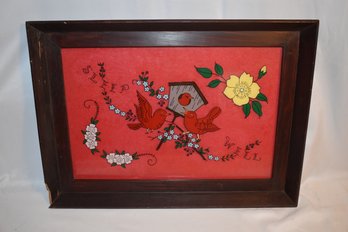 Sleep Well Reverse Painting On Glass In Wood Frame Birds And Flowers With Red Felt Background