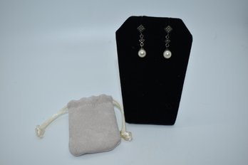 Sterling Silver And Pearl Drop Earrings With Pouch #494