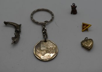 Peruvian Coin Keychain, Dolphin Pin, Heart Locket And Miniature Cat #702