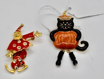 Black Cat In Orange Pumpkin Costume And Polka Dot Red Enamel Clown Pendant And Articulated Brooch Pins 240