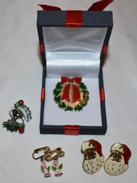 Christmas Santa, Holly And Angel Earrings With Wreath Pin In Holiday Box