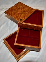 Vintage Mele Burl Wood Jewelry Box Three Tier Red Lining Unique Twist Turn Open