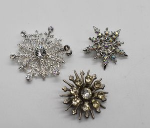 Vintage Silver Color And Rhinestone Snowflake Pins (3)  #400