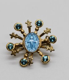 Vintage Blue Enamel Virgin Mary Silver Snowflake Christmas Brooch Pin #961