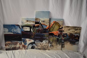 First Wall Art Painting 5 Panel Old Classic And Vintage Cars At Rural Junkyard In Winter