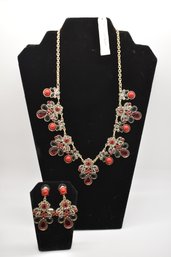 NWT Lane Bryant Gold Tone Necklace With Red, Black And Rhinestones With Pair Of Matching Earrings #963