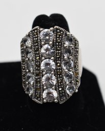 Vintage Sterling Silver Cigar Band Stacker Design Ring With White Topaz Stones #536