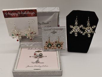 Sterling Silver Individuality Beads With 3 Pairs Of Christmas Holiday Earrings (Joy, Star And Snowflake) #964