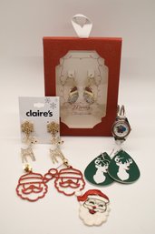 Santa Earrings, Watch,  And Patch With 2 Pair Of Reindeer Earrings #965