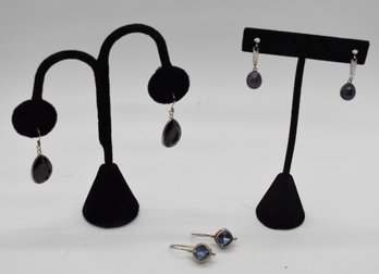 Sterling Silver Earrings Black Onyx Pear, Blue Stones (designer Hallmark) And Black Freshwater Pearls #512