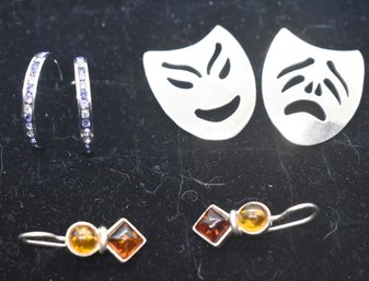 Vintage Sterling Silver Sock & Buskin Tragedy Comedy And 2 Pair Of Sterling Multi Stone Earrings #515