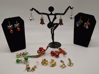 10 Pair Of Holiday Christmas Earrings Balls, Bells, Bows, Candy Canes And Drums #969