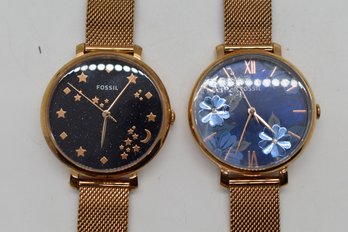 Fossil Jacqueline Floral And Starry Sky Watches With Rose Gold Mesh Bands #976