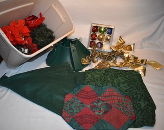 Christmas Container With Plastic Stand, Green Felt Skirt, Bows, Ornaments, Placemats  And Other Decor