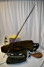 Martin Precision Reel Fishing Lot Hodgman Waders Boat Decor And Leather Bota Bag Canteen W/ First Aid Kit