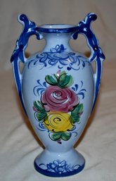 Vintage Vase Urn Made In Portugal Hand Painted Blue With Pink And Yellow Flowers