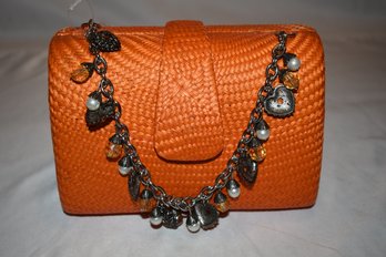 Donna Dixon Straw Orange Mini Handbag With Metal Chain And Charms New