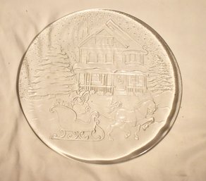 Vintage Libby Clear Glass Winter Sleigh Ride Cookie Plate 12'