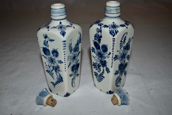 Delft Blue Hand Painted Holland Vase Pair With Cork Tops