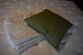 Lace Bed Coverlet (King) And Green Throw Pillow