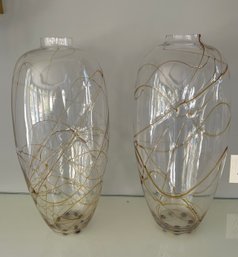 Beautiful Tall Clear Art Glass And Gold Vase Pair