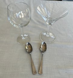 Martini And Wine Glass With Pair Of Reed And Barton Stainless Steel Spoons