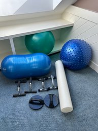 Exercise Yoga Balls, Foam Roller, Rotating Pushup Handles,  2 Sets Off Pushup Bars, And A 10lb, 5lb Weight