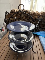Pottery Barn Sausalito 3 Tier Plate Stand With Blue Plates